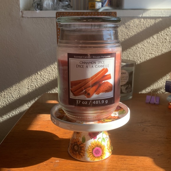 Fall theme. Partly lite Autumn Tapestry pedestal jar candle holder.New in boxes - Picture 3 of 10